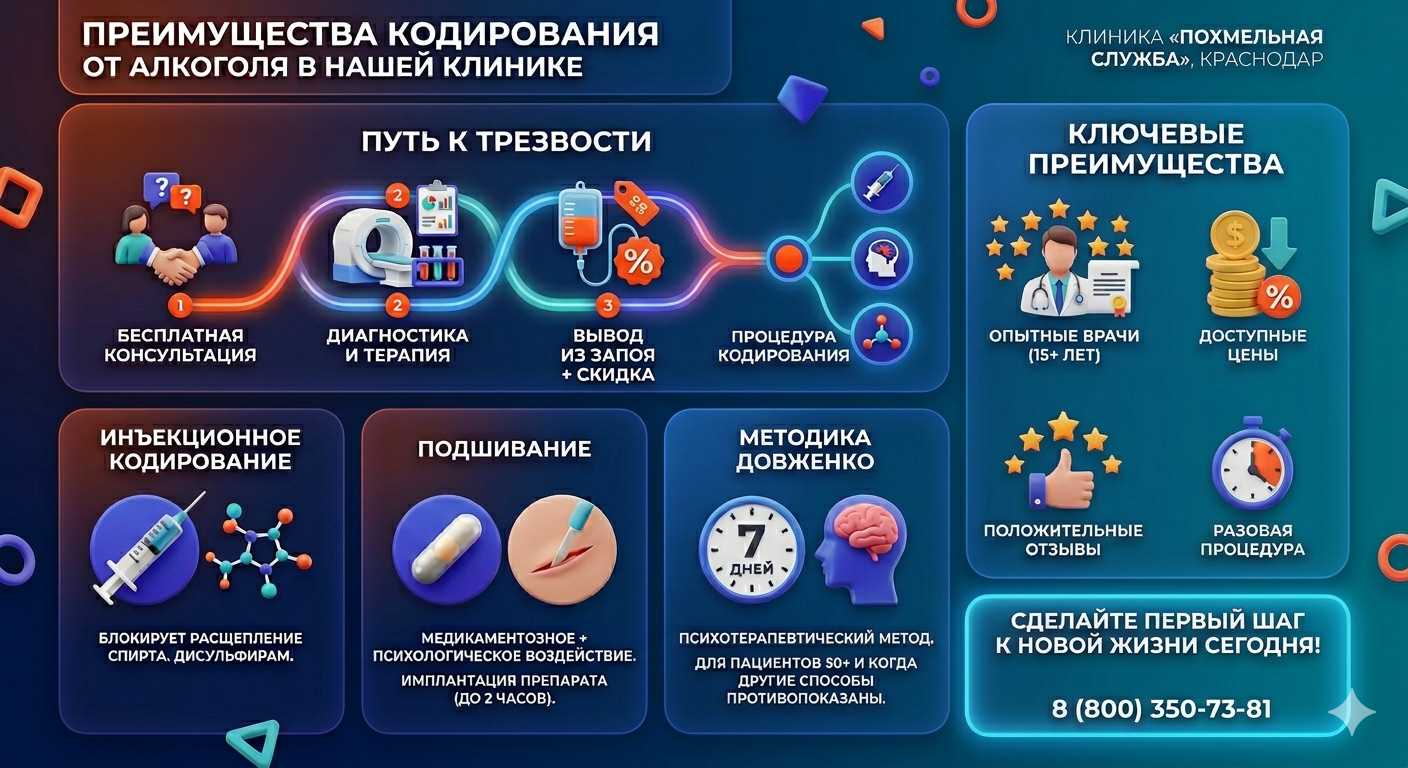 Инфографика о методах кодирования от алкоголя в Северном: инъекции, подшивание, метод Довженко. Преимущества клиники и этапы лечения.