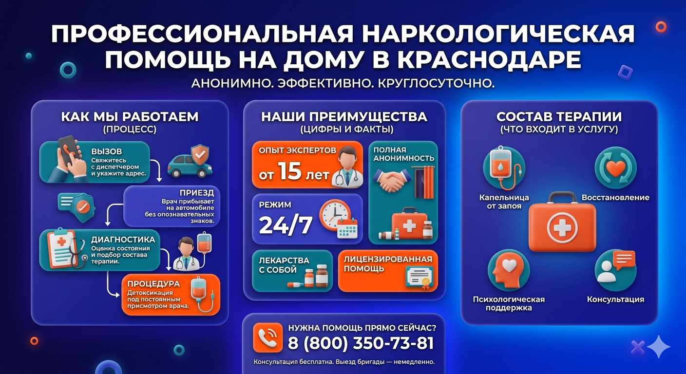 Инфографика о принципах лечения алкоголизма на дому в Северном: этапы вызова нарколога, преимущества анонимной детоксикации и состав медицинской помощи.